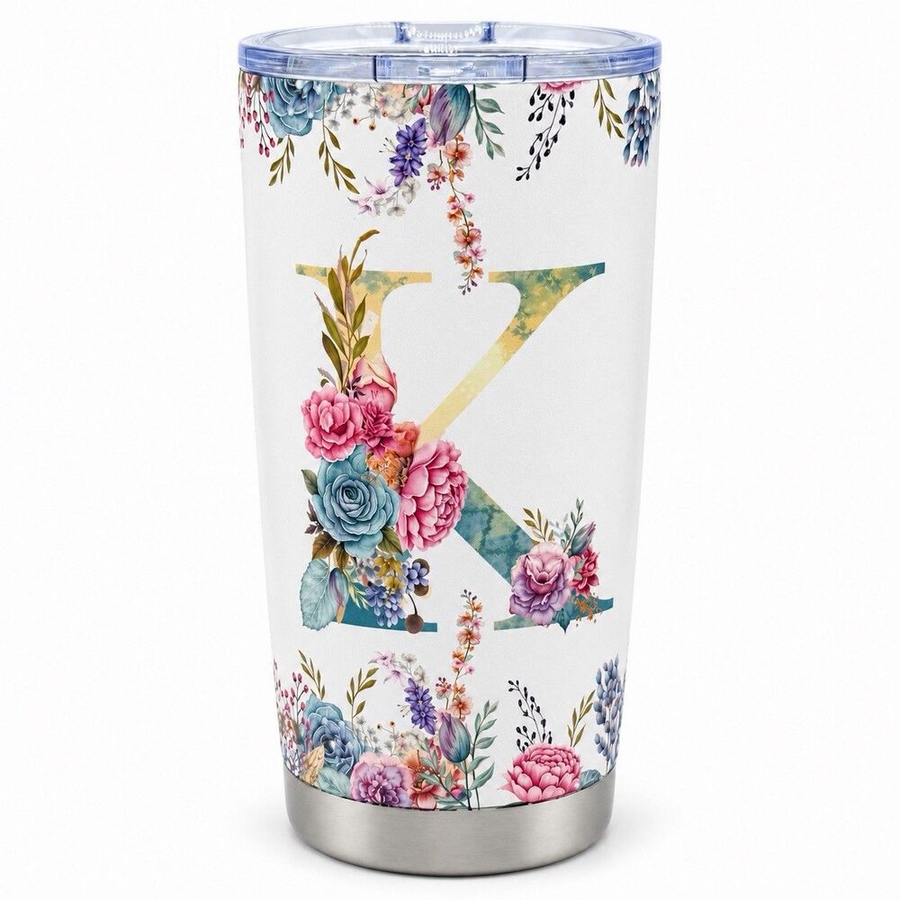 Floral Letter K 20oz Stainless Steel Insulated Tumbler Travel Cup w Lid